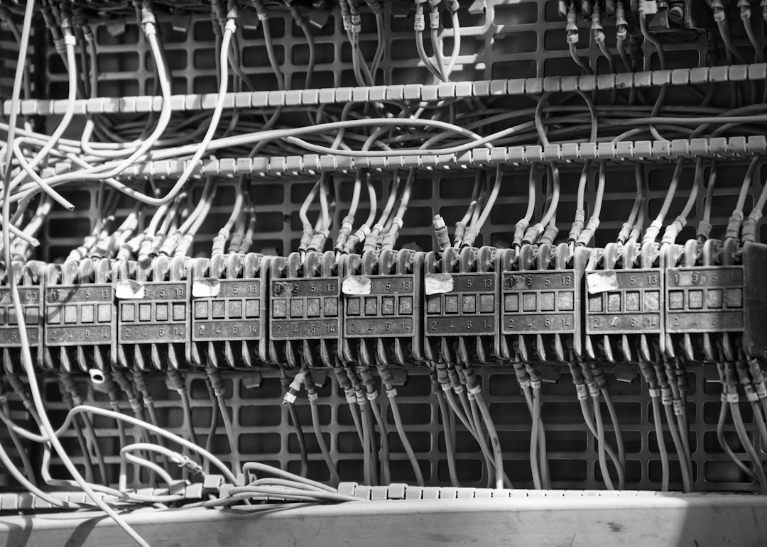Close em preto e branco de bornes elétricos cabeados dentro de um armário técnico.